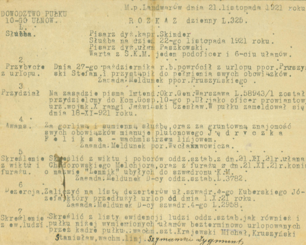 Dowództwo 10. Pułku. Rozkaz dzienny nr L.325 z dnia 21 października 1921r.