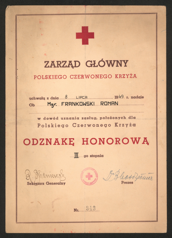 Przyznanie odznaki honorowej Romanowi Frankowskiemu przez Zarząd Główny Polskiego Czerwonego Krzyża (1949 r.)