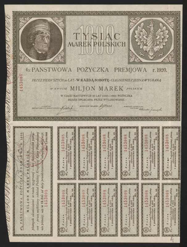 Obligacja 4% Państwowa pożyczka premjowa r. 1920 na 1000 marek polskich