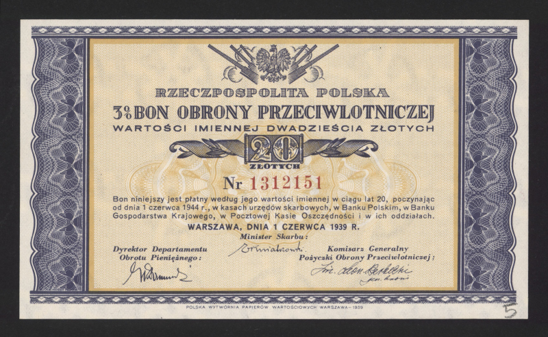 3% Bon Obrony Przeciwlotniczej wartości imiennej dwadzieścia złotych -1938 r.