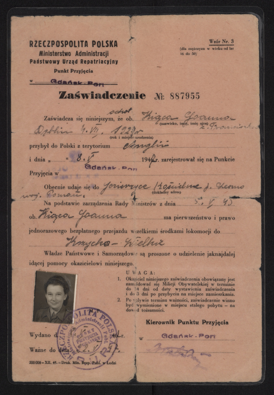 28 Zaświadczenie o przybyciu do Polski, 1947r.