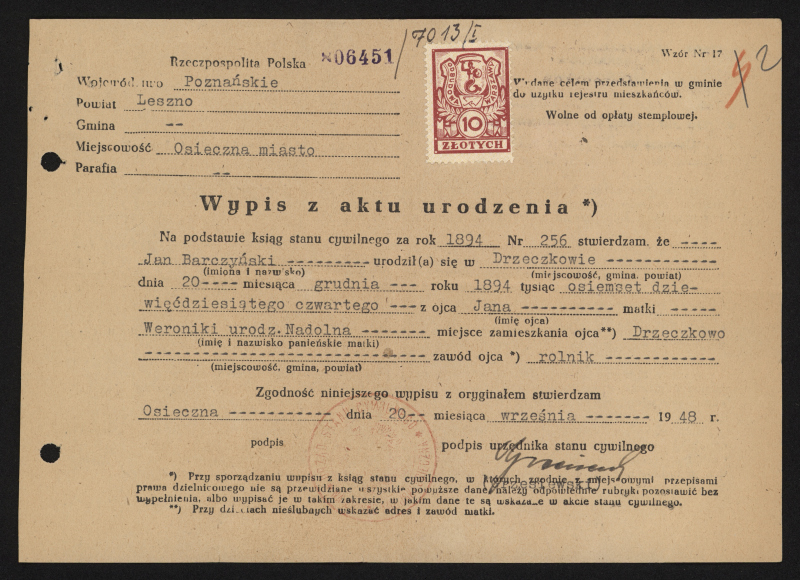 0004 Wypis z aktu urodzenia Jana Barczyńskiego